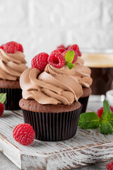 Chocolate cupcakes with cream decorated with fresh raspberries and mint leaves on a gray concrete...