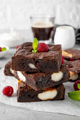 Cheesecake brownies with raspberry on a gray concrete background. Delicious dessert