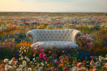An abandoned couch sits in a field of colorful wildflowers.