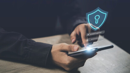 Cybersecurity privacy and password access concept. Protect data. lock icon and firewall security...