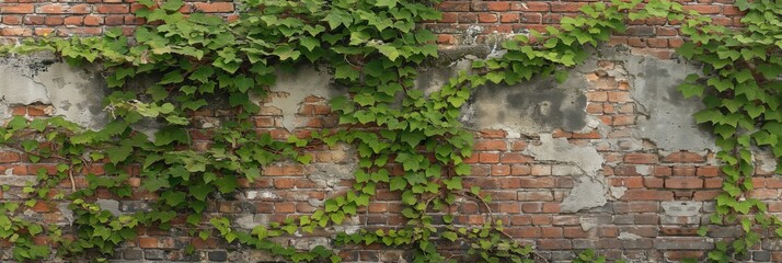 Wide shot of green ivy leaves sprawled across an aged, weathered brick wall with signs of decay and oldness