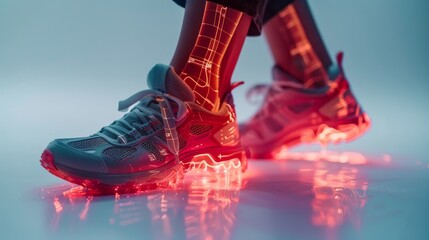 Woman holding her ankle in pain, with a double exposure of a red hologram outline and pain chart, isolated on a white studio background