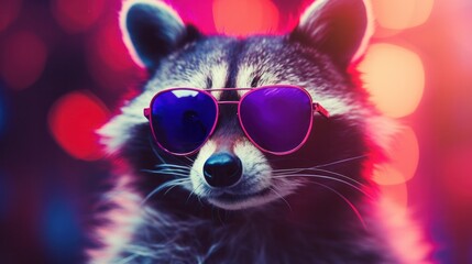 Naklejka premium Raccoon with colorful neon retrowave background.