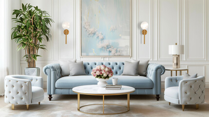 Elegant Living Room with Light Blue Furniture and Gold Accents