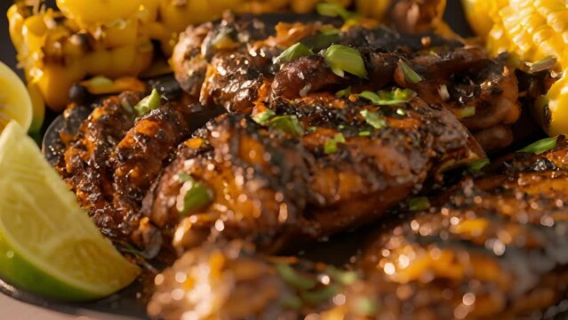 Succulent jerk chicken paired with Mexican street corn a fusion of Jamaican and Latin American influences.
