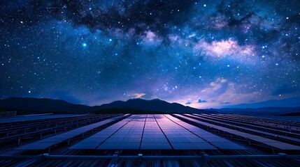 Solar panels on a rooftop absorbing starlight, converting it into vibrant energy streams against the Milky Way