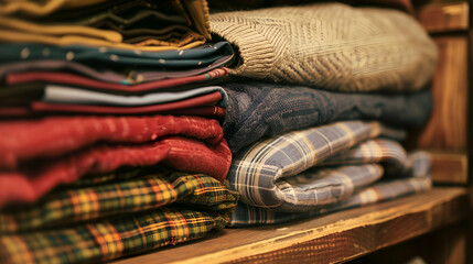 A stack of neatly folded clothes in various warm tones and patterns, including knits and plaids, arranged on wooden shelves. The soft lighting creates a cozy and organized atmosphere