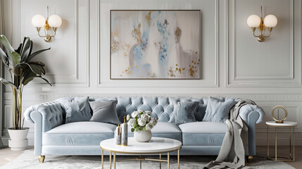 Elegant Living Room with Light Blue Furniture and Gold Accents