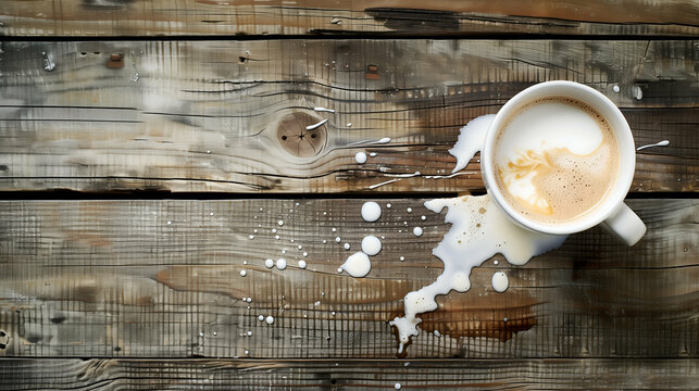 A cup of coffee with latte art spilled on a rustic wooden table, showcasing frothy milk patterns and a charming mess