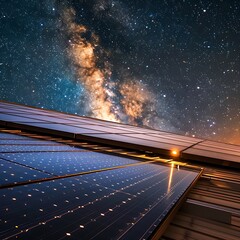Solar panels on a rooftop absorbing starlight, converting it into vibrant energy streams against the Milky Way
