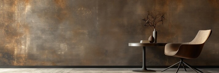 Stylish room featuring a modern chair, round table, and abstract art against a textured wall