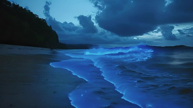 As the tide changes the bioluminescent waves roll in with renewed intensity casting the entire beach in a captivating blue glow.