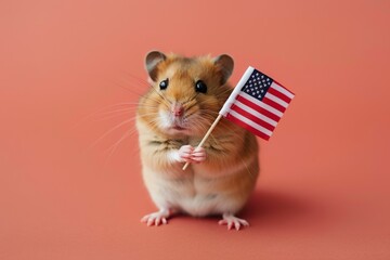 A cute hamster holds a small American flag on a plain background.