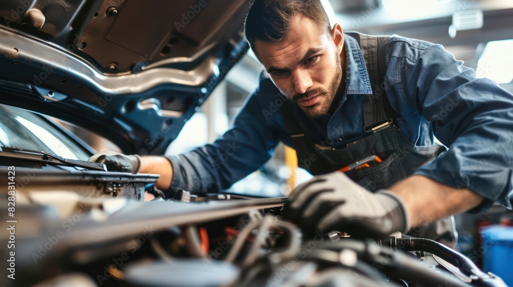 Poster a wide-angle view of an auto mechanic under the hood of a car, focused on diagnosing an engine probl