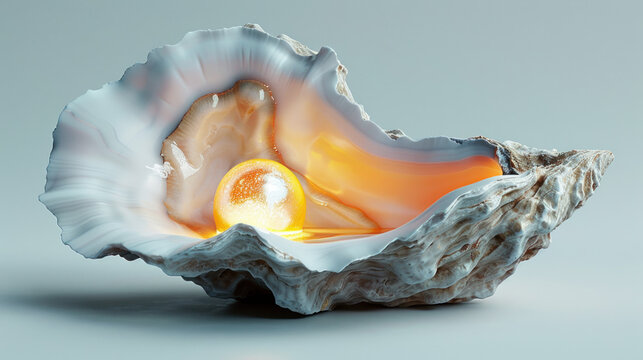 An oyster opening up with glowing pearl inside.