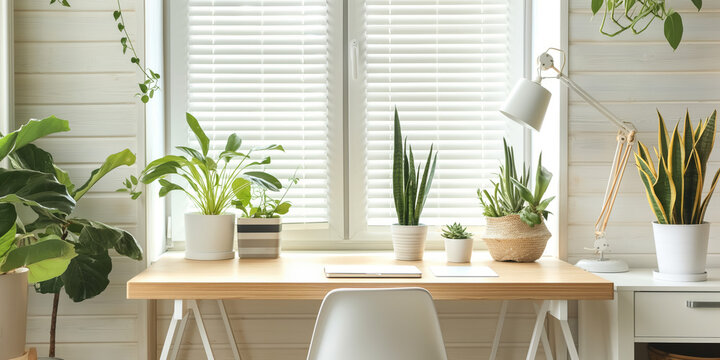 A cozy home office desk area filled with different types of potted plants under a window with blinds. A perfect setting combining productivity and nature's touch.