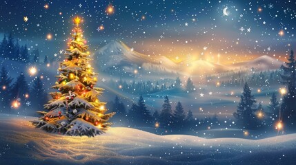 Naklejka premium Snowy Christmas Tree with Sparkling Lights