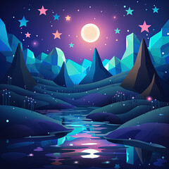 Stylized Fantasy Landscape with Night Sky and River