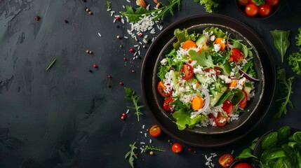 Top view of fresh salad with rice and colorful vegetables on dark background - healthy food concept with space for text