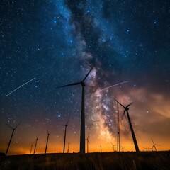  Wind turbines silhouetted against a starry sky, electricity flowing through the power lines as glowing particles.