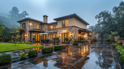 Obraz premium A Country-style duplex villa with an oversized yard. Jane European style five-color stone structure house,The scene includes ethereal cliffs and woods in the background.