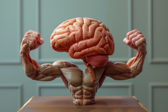 Strong human brain power concept erudite mind memory health. Gray matter neurons with developed inflated arms biceps abdominal press muscles, personifies an intelligent scientist.