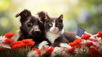 Patriotic Dog and Cat with Flowers