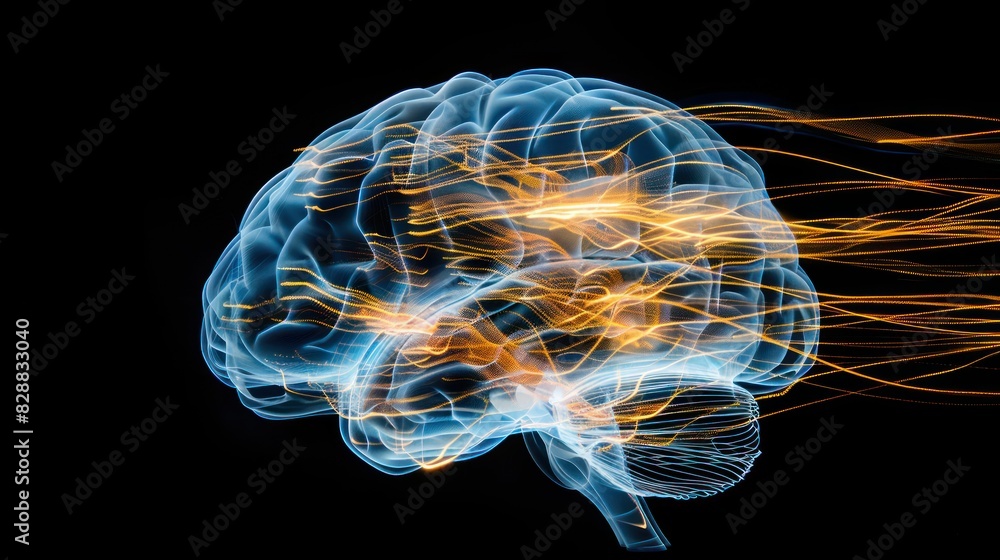 Poster an abstract representation of a brain with light trails and energy waves emanating from it, suggesti
