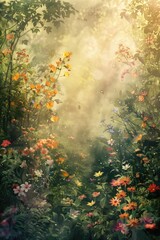 Fototapeta premium Enchanted garden at dawn, soft sunlight filtering through leaves, vibrant flowers in bloom, gentle mist, watercolor style, low angle, serene and mystical atmosphere