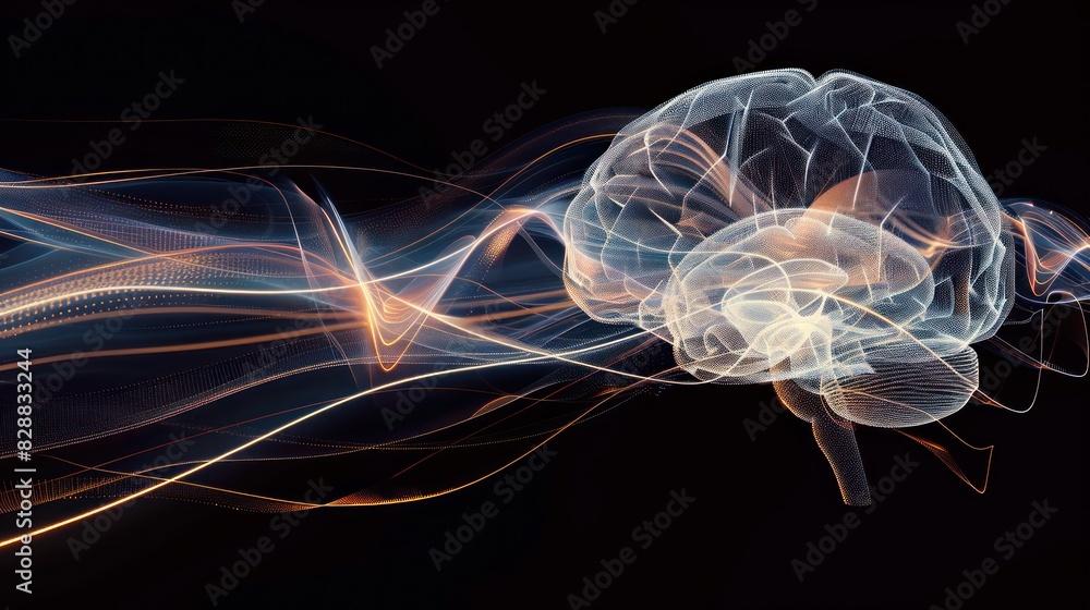 Poster an abstract representation of a brain with light trails and energy waves emanating from it, suggesti