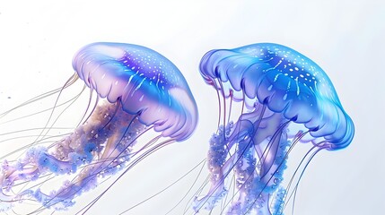 Ethereal Jellyfish Tentacles Glowing in Underwater Serenity on Minimalist White Background