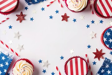 Obraz premium Festive Independence Day themed frame with cupcakes and decorations.
