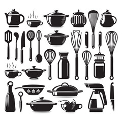 Silhouette set of kitchen tools. Vector isolated illustration