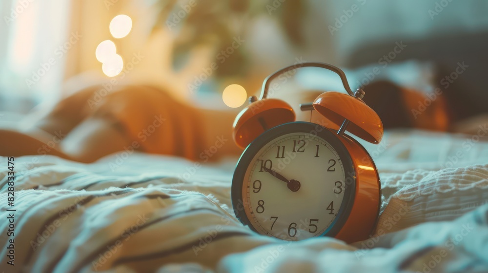 Poster an alarm clock in the foreground with a blurred background of a person stretching in bed, representi
