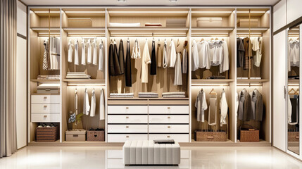 A spacious, well organized closet with men's clothing neatly arranged, by soft lighting. Walk-in closet.