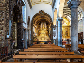 Interior of Faro Cathedral, Se Catedral in Faro, Algarve, Portugal. With walls finely decorated by azulejos tiles.