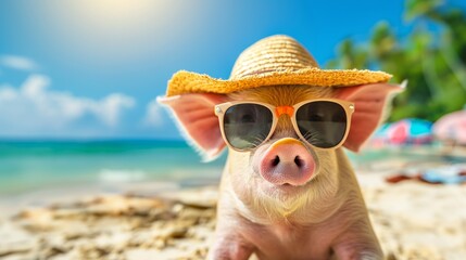 Relaxing pig with sun hat and sunglasses on beach.