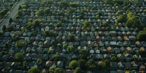 Overhead view presenting a dense layout of houses in a suburban neighborhood with uniform rooftops and organized streets