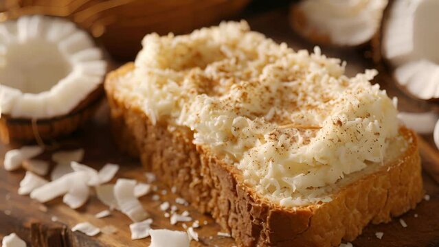 A warm slice of coconut bread topped with a generous smear of creamy coconut butter and a sprinkle of cinnamon.