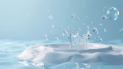 Water splash capturing the moment of a droplet creating ripples and bubbles in a calm, serene blue environment. Perfect for refreshing themes.