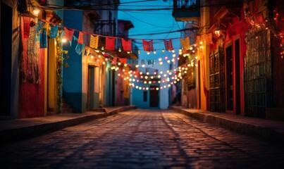 Colorful Evening on a Festively Lit Cobblestone Street in a Charming Village. Generative ai
