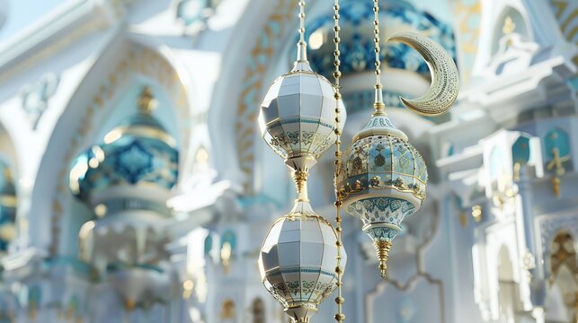 Luxurious Golden and Blue Islamic Decorative Elements in Mosque Architecture. Generative ai