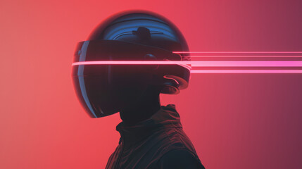 A man wearing a helmet is standing in front of a red background