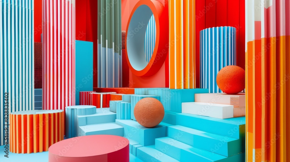 Poster playful geometric abstractions: colorful three-dimensional shapes in dynamic compositions