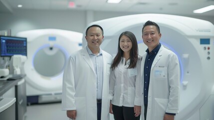 Obraz premium Radiologists Team Smiling in High-tech Medical Imaging Room. Generative ai