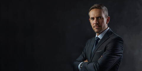 A determined businessman dressed in a suit and tie poses with arms crossed, set against a dark background, portraying focus and drive in a corporate environment.