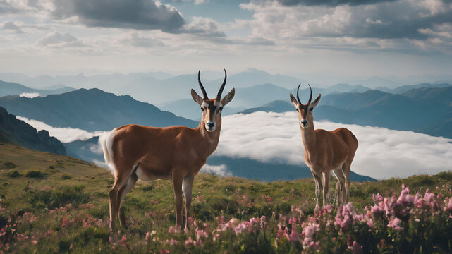 Gazelle mother and baby in a floral pasture in nature.
