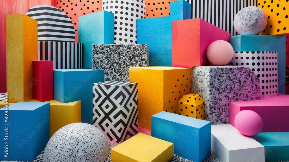 Poster vibrant geometric symphony: playful arrangement of 3d patterns in dynamic composition
