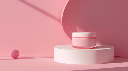 A pink background with a white pedestal and a pink jar on it