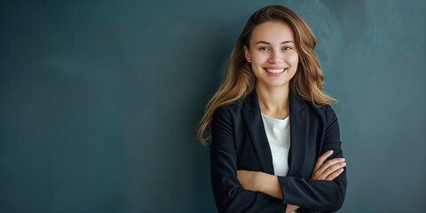 A smiling young businesswoman stands with her arms crossed in a dark suit in front of a contrasting background, radiating confidence and approachability in a professional setting.